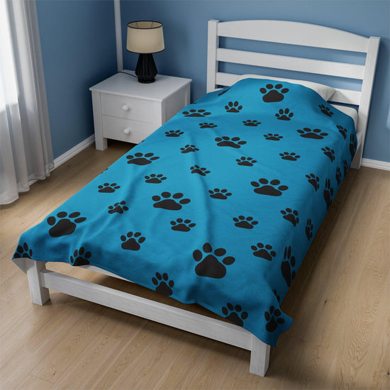 Paw Print Velveteen Plush Blanket - Turquoise