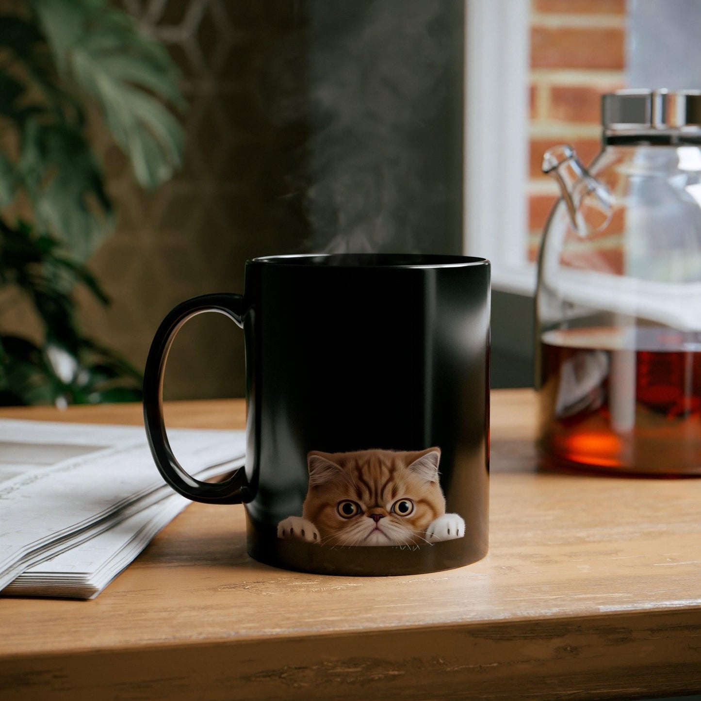 Peeking Cat Black Ceramic Mug 11 oz - Exotic Shorthair