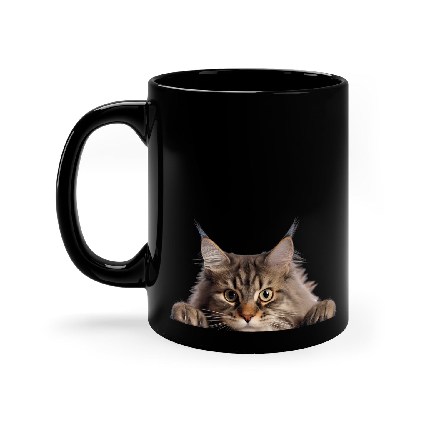 Peeking Cat Black Ceramic Mug 11 oz - Maine Coon