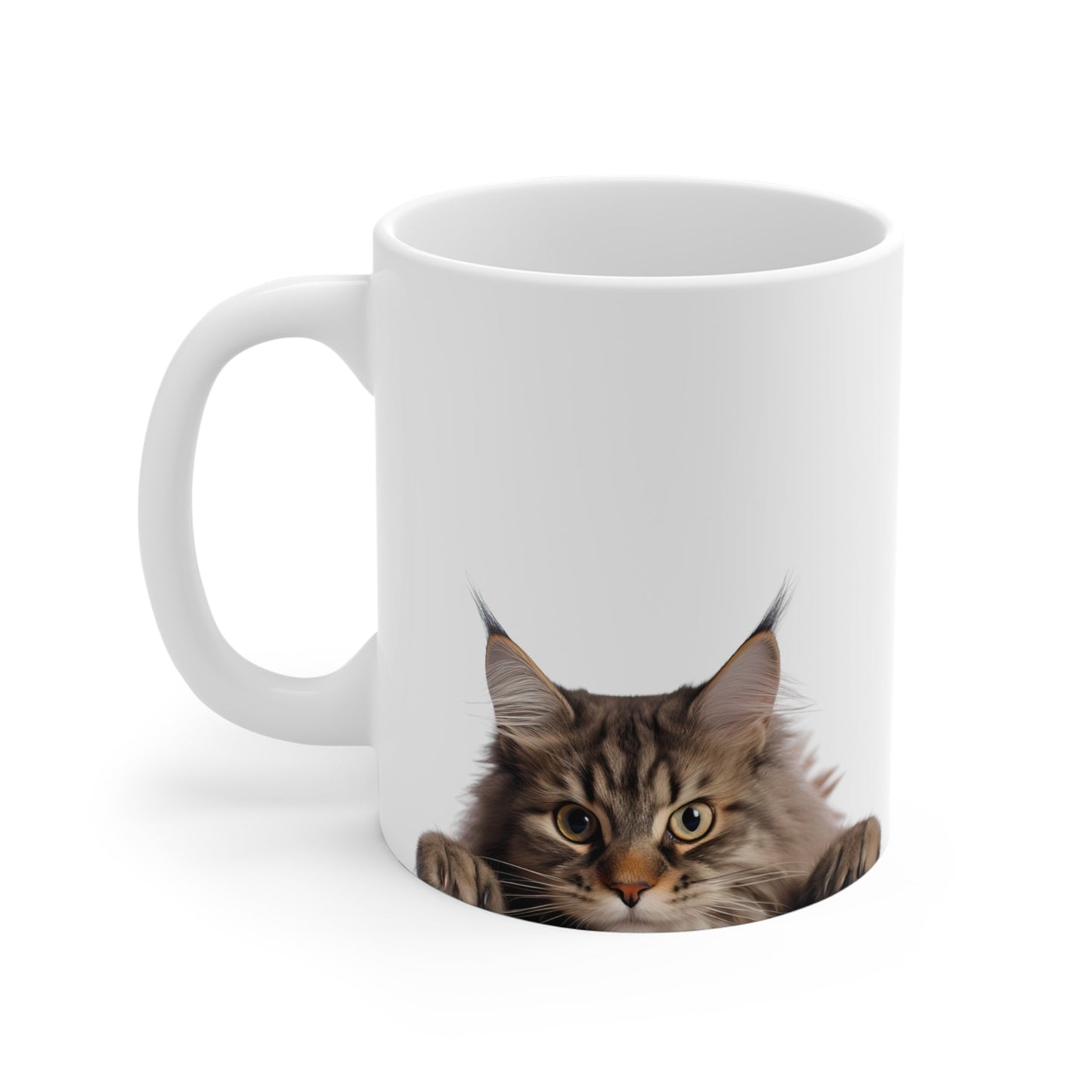 Peeking Cat White Ceramic Mug 11 oz - Maine Coon