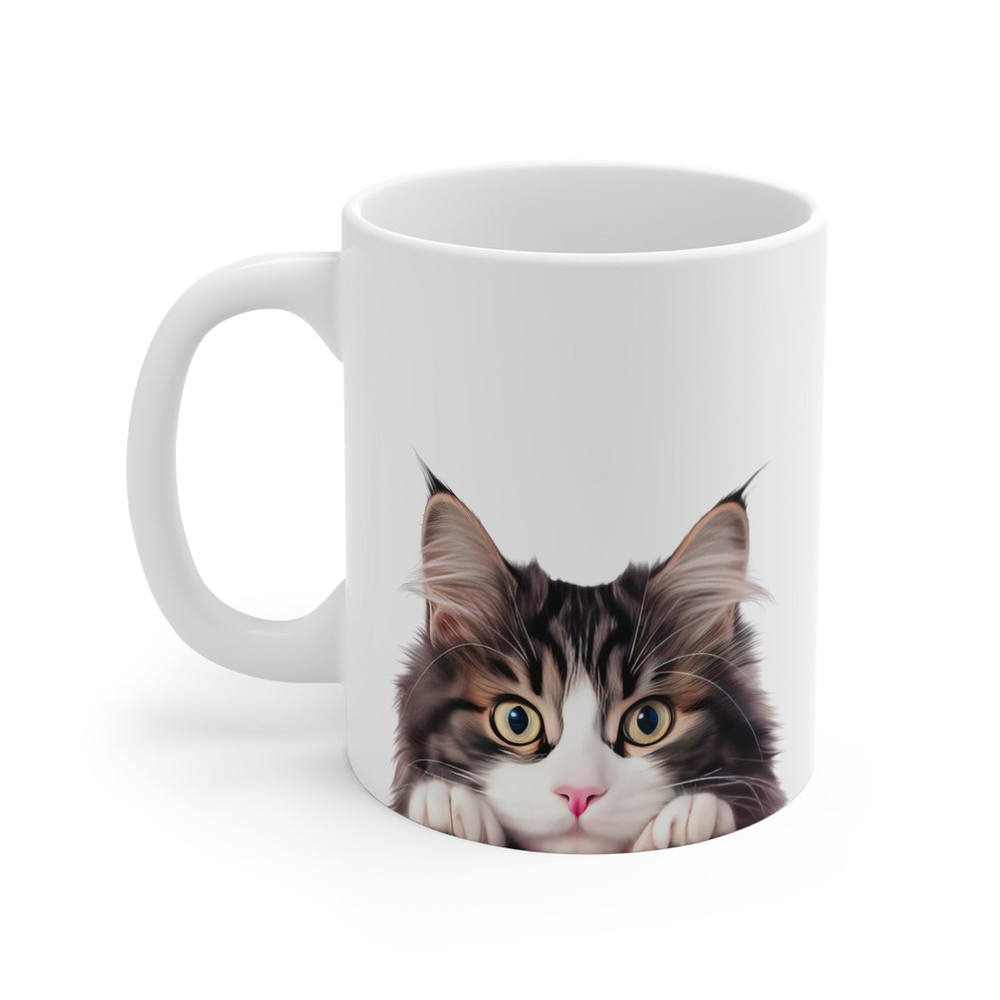 Peeking Cat White Ceramic Mug 11 oz - Norwegian Forest