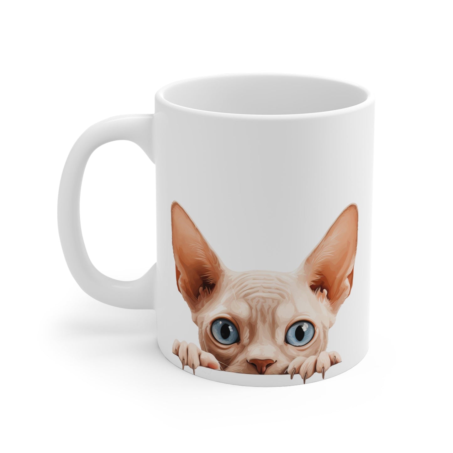 Peeking Cat White Ceramic Mug 11 oz - Sphynx