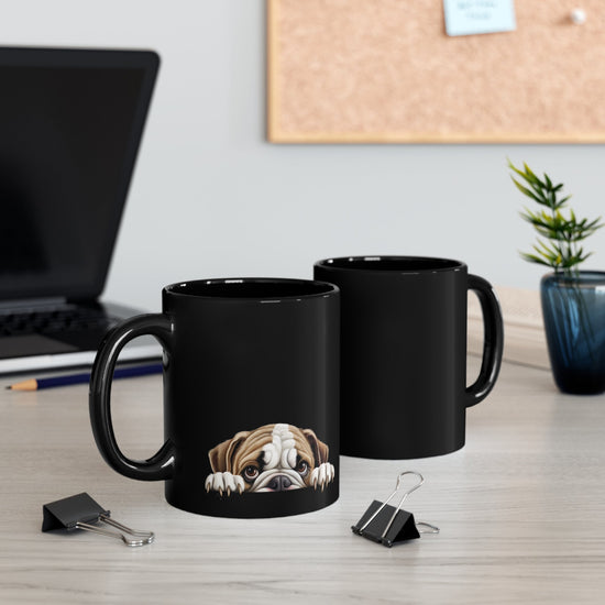 Peeking Dog Black Ceramic Mug 11 oz - Bulldog