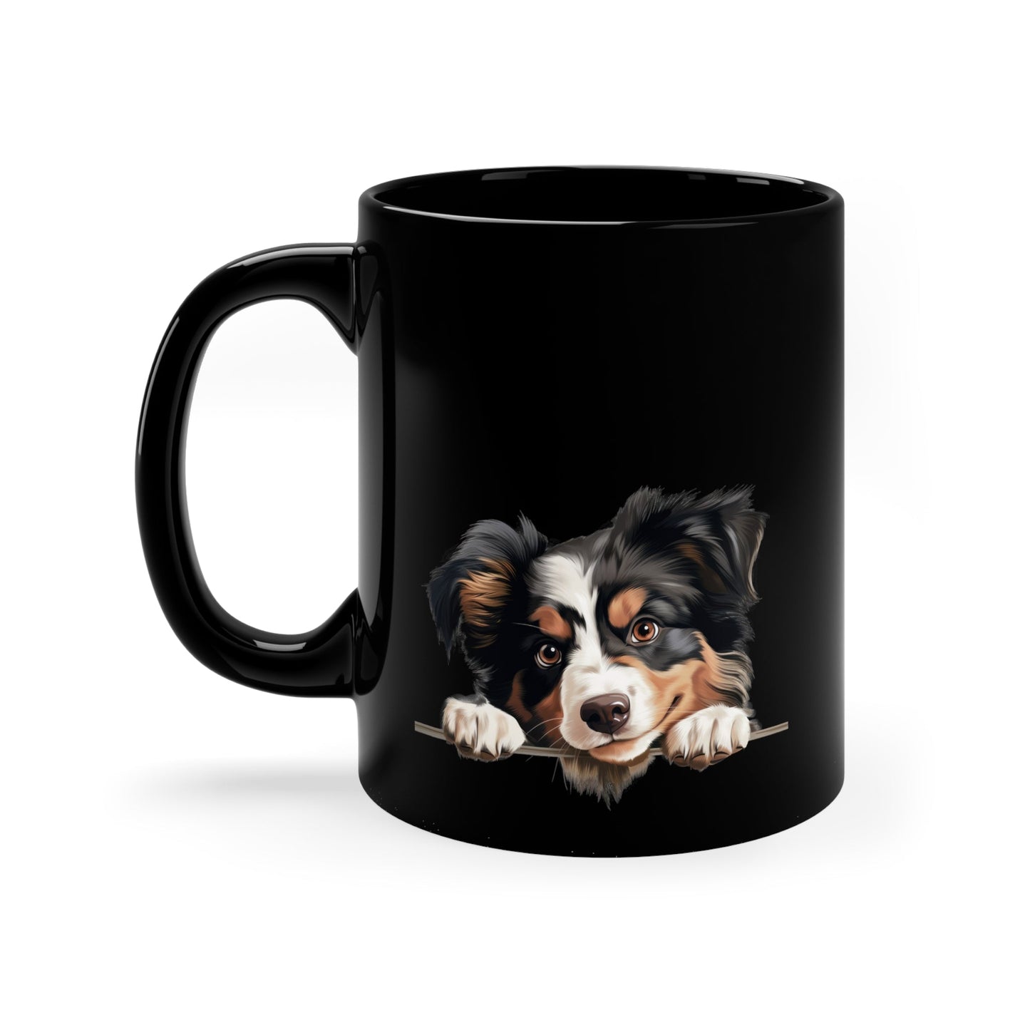 Peeking Dog Black Ceramic Mug 11 oz - Miniature American Shepherd