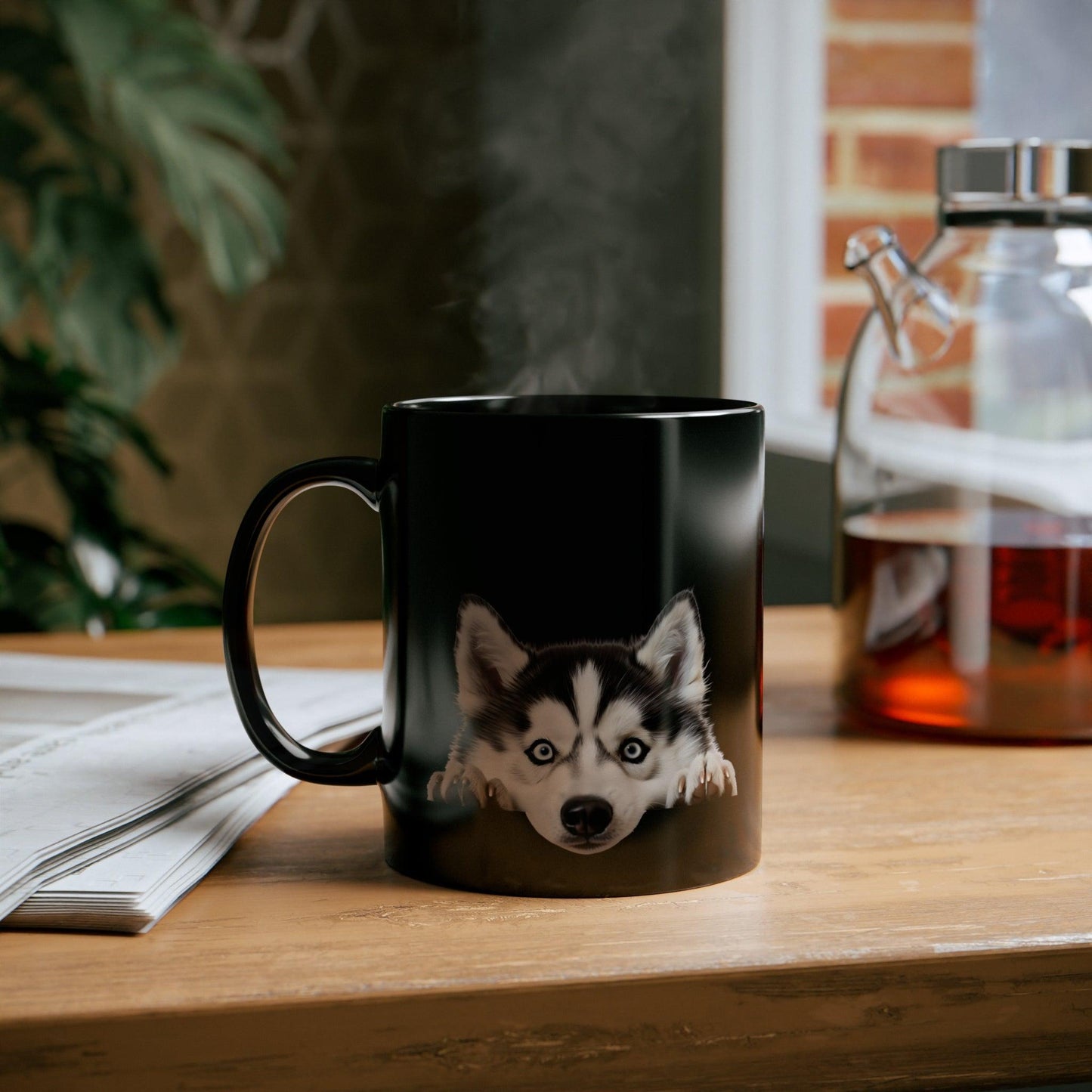 Peeking Dog Black Ceramic Mug 11 oz - Siberian Husky