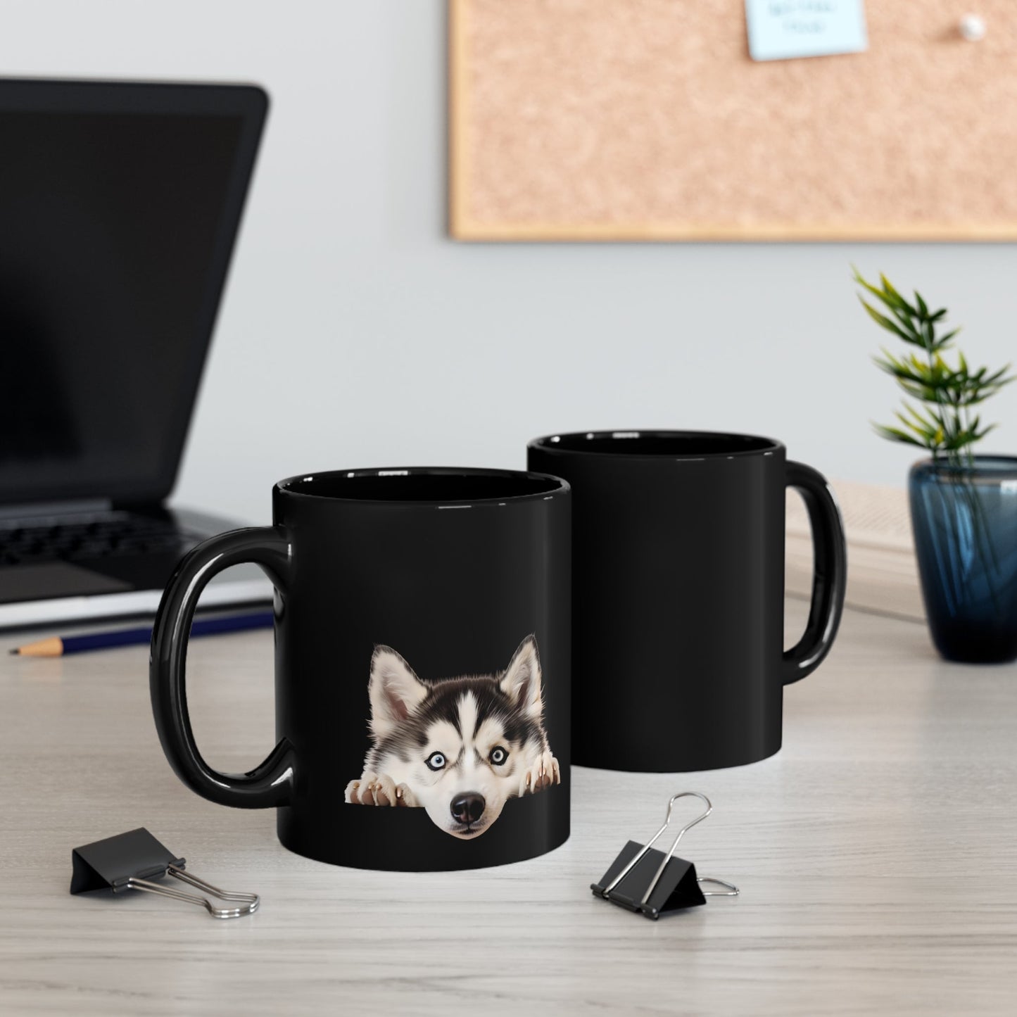 Peeking Dog Black Ceramic Mug 11 oz - Siberian Husky