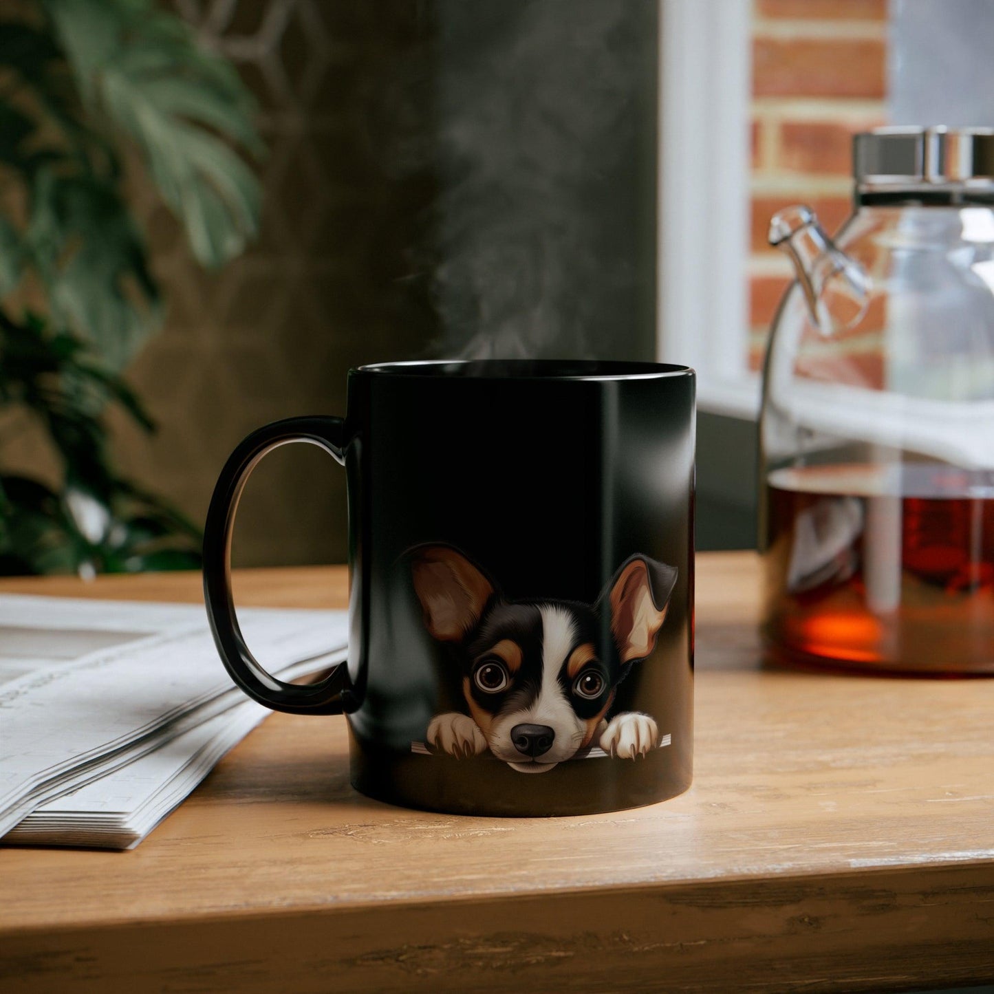 Peeking Dog Black Ceramic Mug 11 oz - Toy Fox Terrier