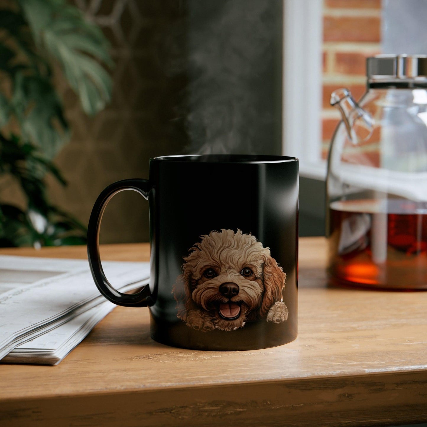 Peeking Dog Black Ceramic Mug 11 oz - Toy Poodle
