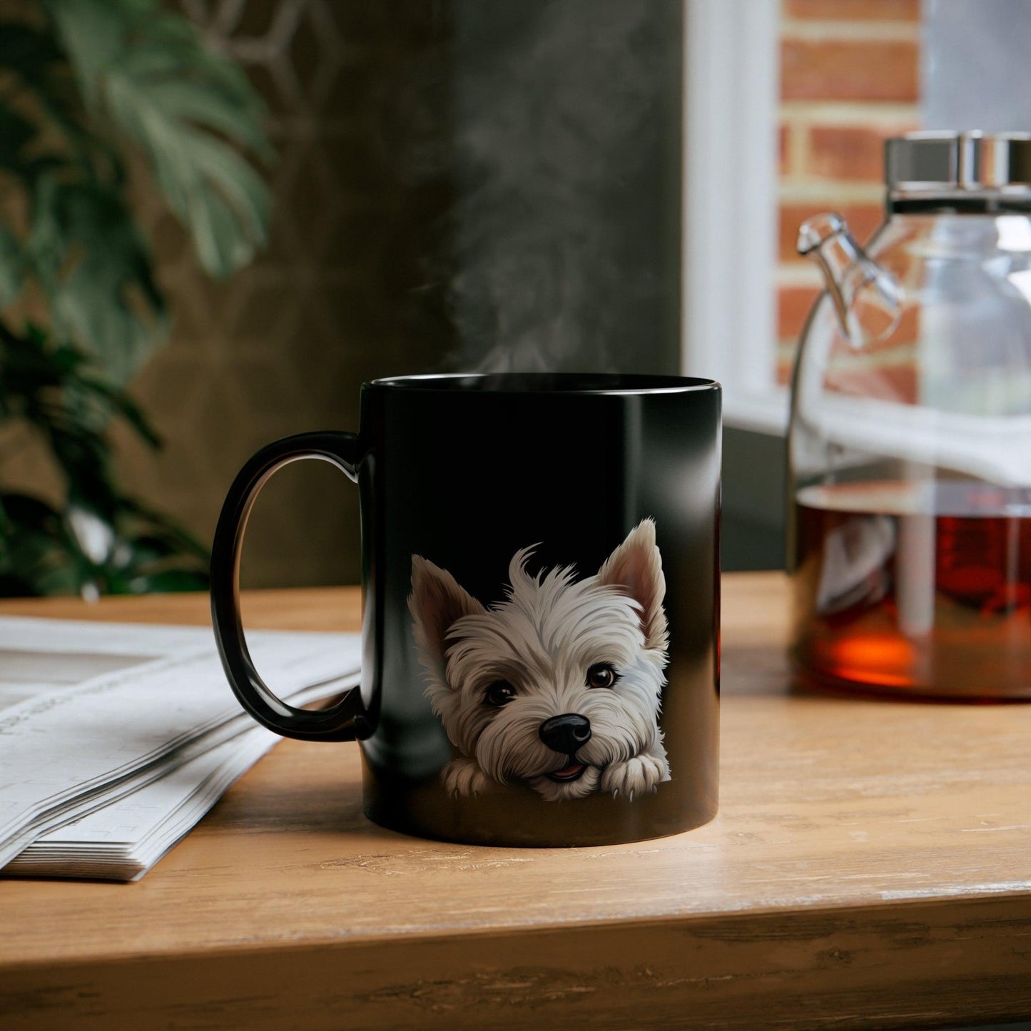 Peeking Dog Black Ceramic Mug 11 oz - West Highland White Terrier