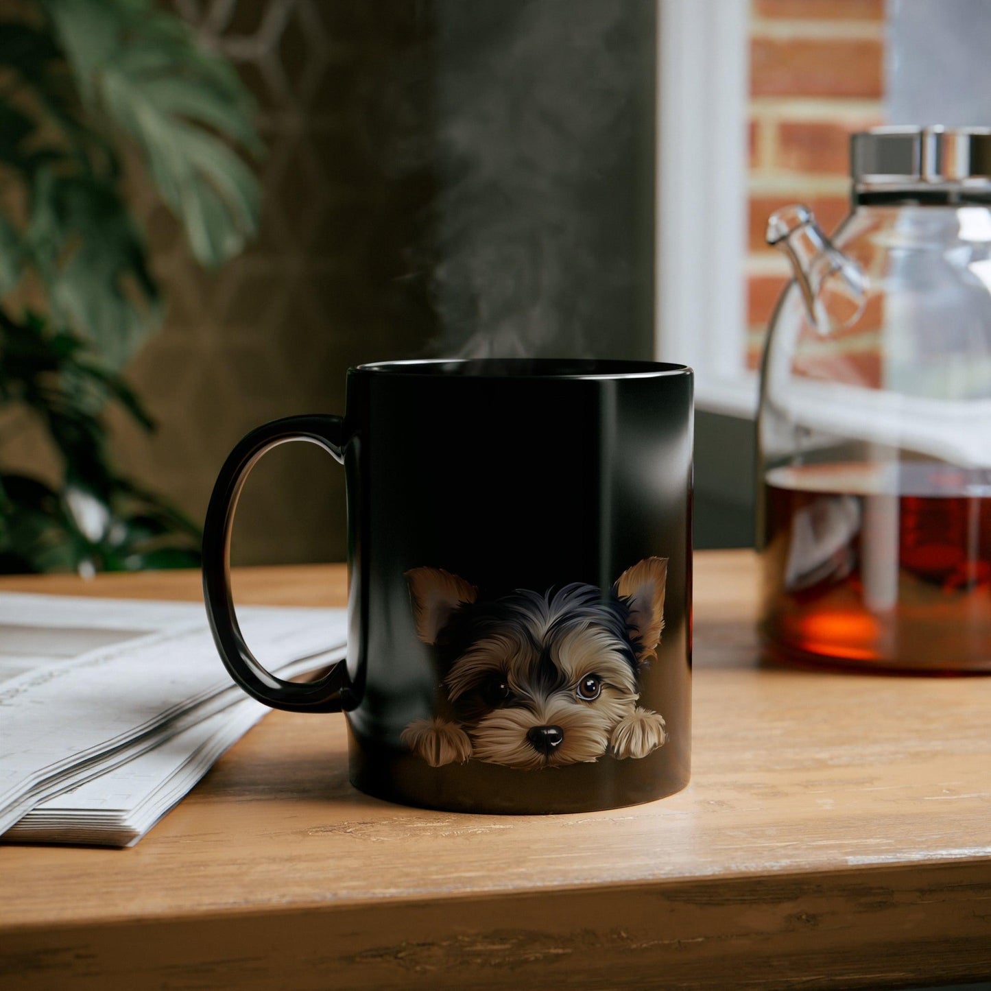 Peeking Dog Black Ceramic Mug 11 oz - Yorkshire Terrier