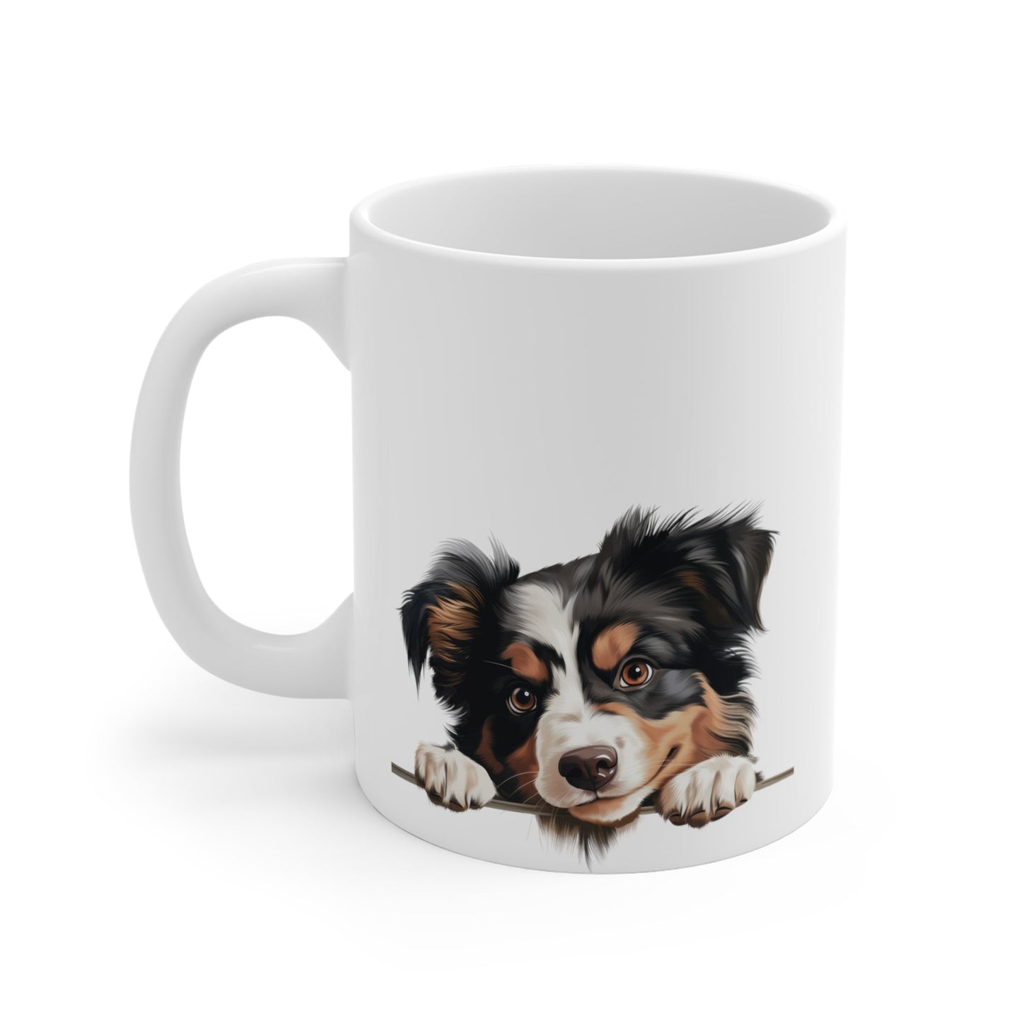Peeking Dog White Ceramic Mug 11oz - Miniature American Shepherd