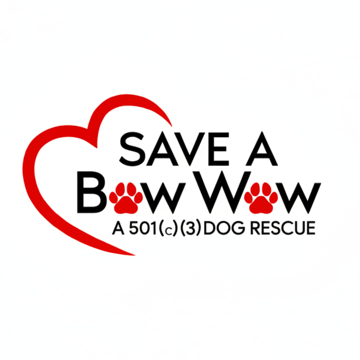 A red and black graphic logo reading 'SAVE A BOW WOW A 501(c)(3) DOG RESCUE' with a large red heart outline and two red paw prints on a white background.