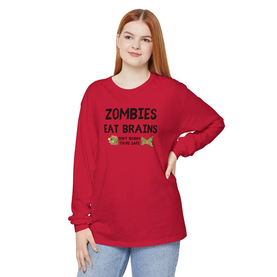 ZOMBIES EAT BRAINS Fish Unisex Long Sleeve Halloween Tee