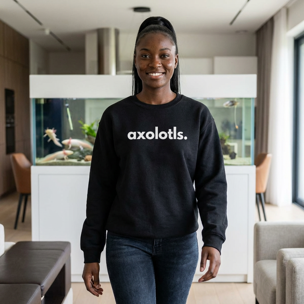 Model wearing axolotls crewneck sweatshirt — axolotl lover gift supporting animal rescues