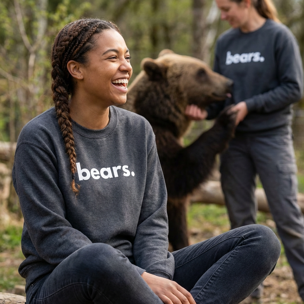 Model wearing bears crewneck sweatshirt — bear lover gift supporting wildlife rescues