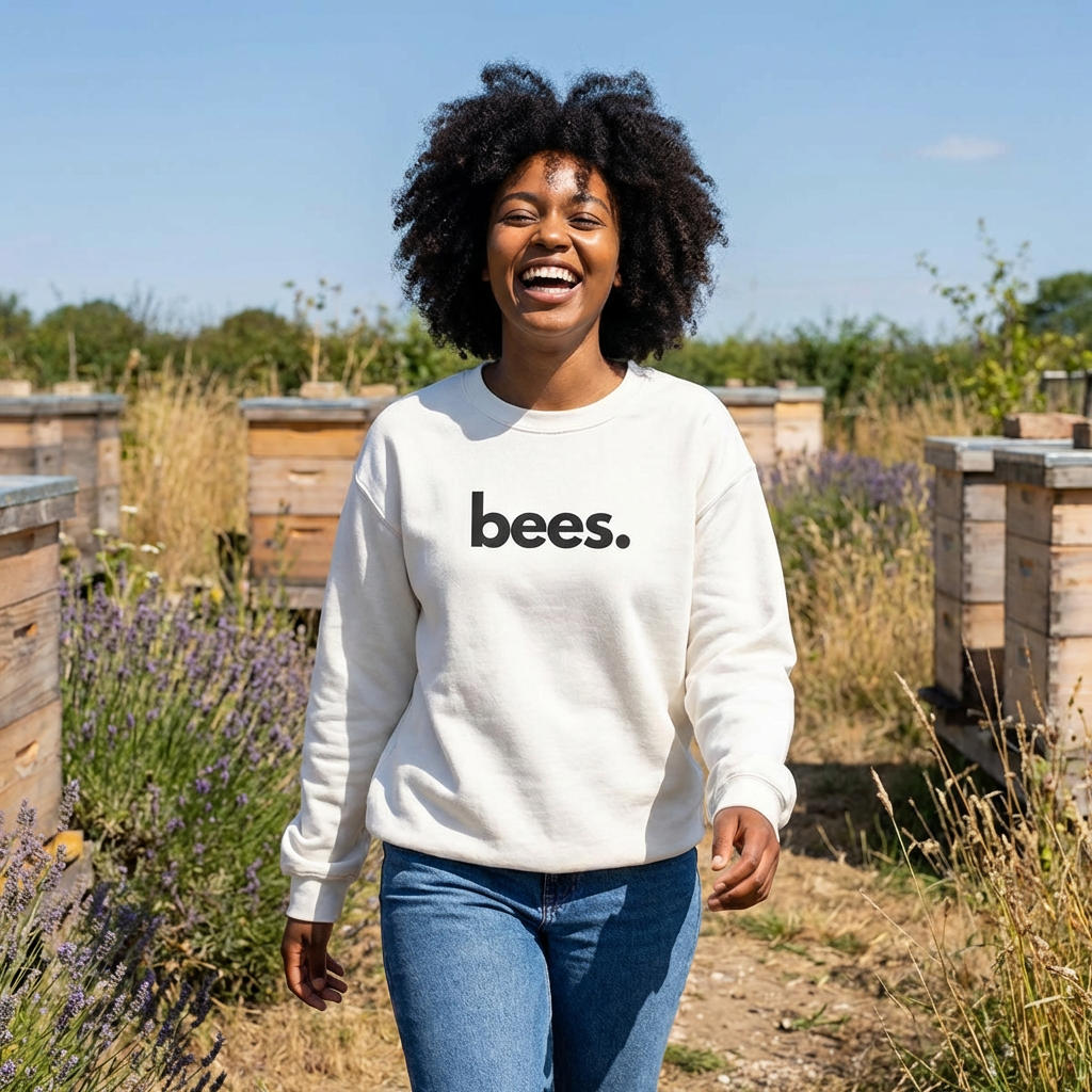 Model wearing bees crewneck sweatshirt — bee advocate gift supporting wildlife conservation