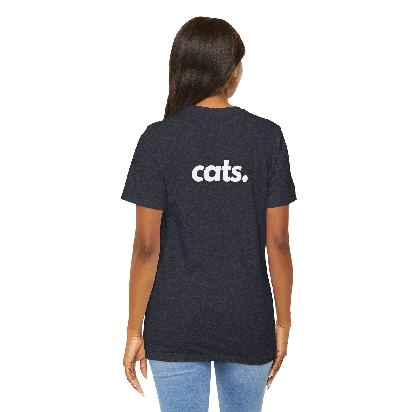 CATS, PERIOD. unisex cat tee back view highlighting minimalist chest logo on soft heather navy cotton on female model