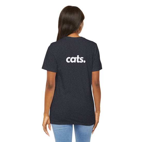 CATS, PERIOD. unisex cat tee back view highlighting minimalist chest logo on soft heather navy cotton on female model