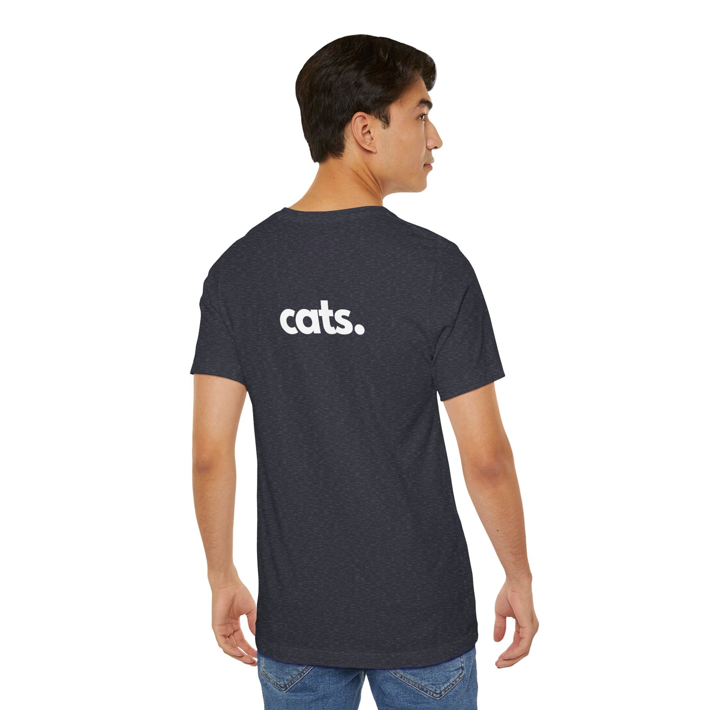 CATS, PERIOD. unisex cat tee back view highlighting minimalist chest logo on soft heather navy cotton on male model