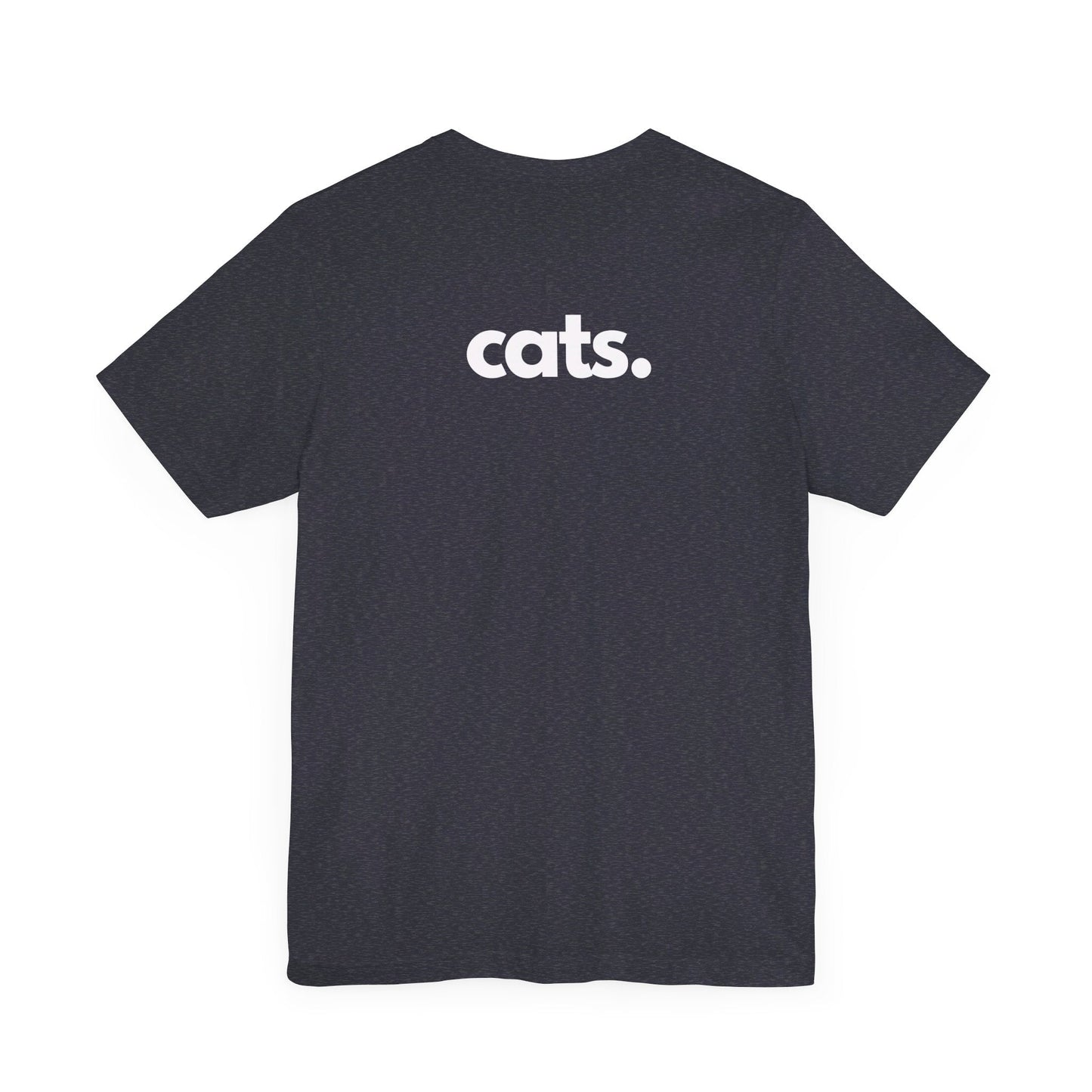 CATS, PERIOD. unisex cat tee back view highlighting minimalist chest logo on soft heather navy cotton