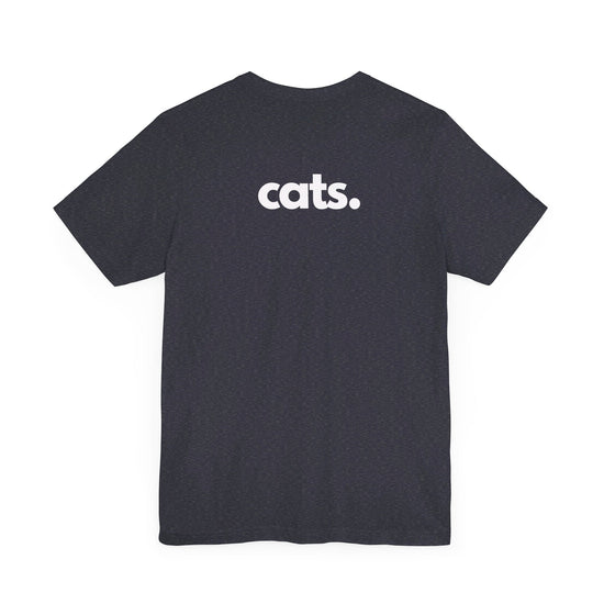 CATS, PERIOD. unisex cat tee back view highlighting minimalist chest logo on soft heather navy cotton