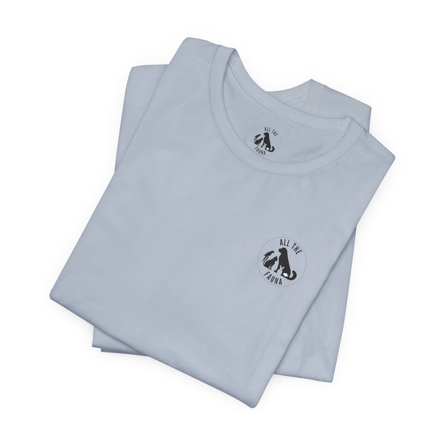 CATS, PERIOD. unisex cat tee front folded view highlighting minimalist chest logo on soft light blue cotton