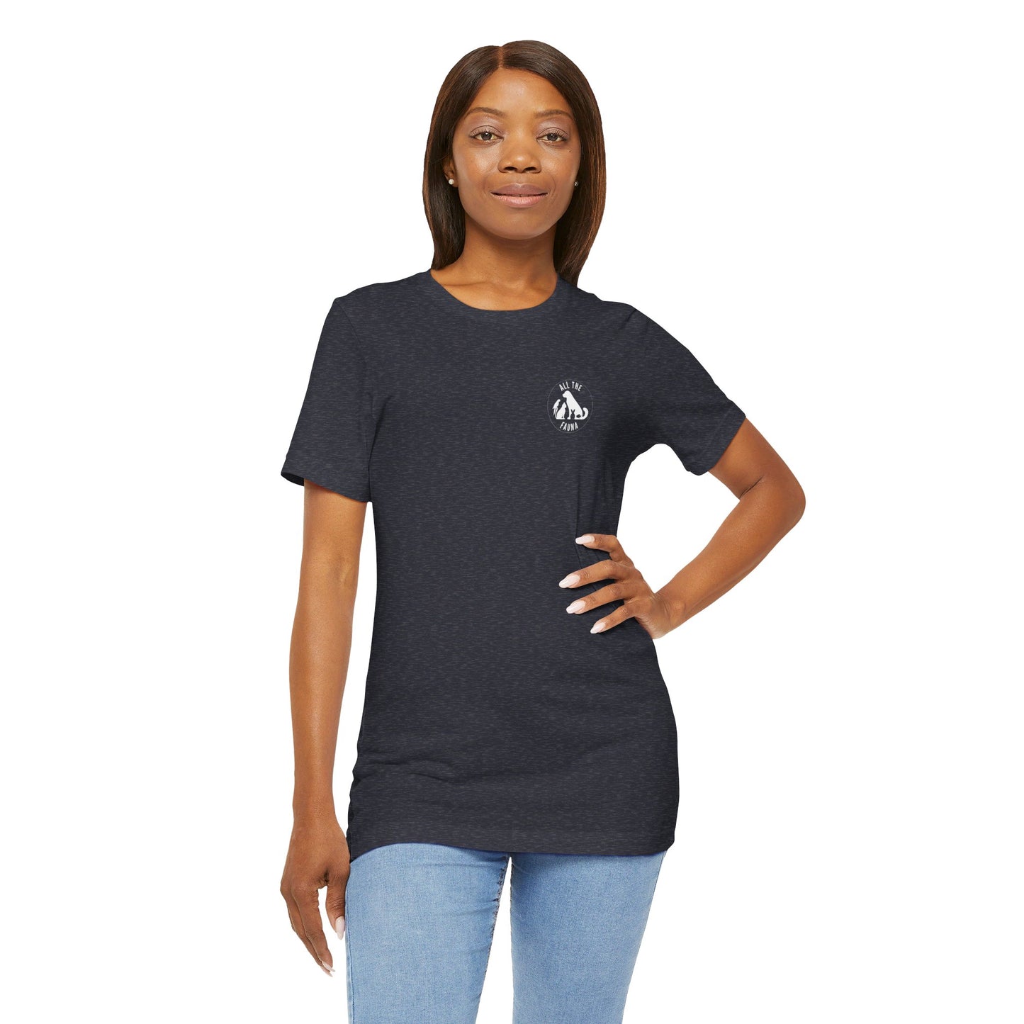 CATS, PERIOD. unisex cat tee front view highlighting minimalist chest logo on soft heather navy cotton on female model