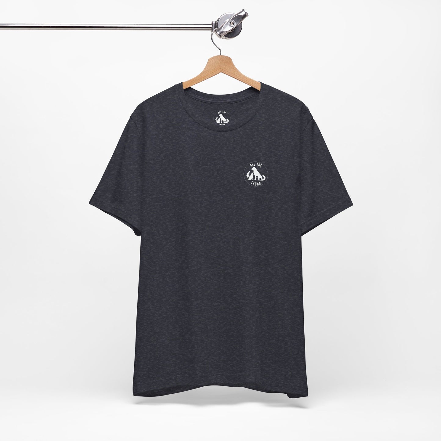 CATS, PERIOD. unisex cat tee front view highlighting minimalist chest logo on soft heather navy cotton on wood hanger