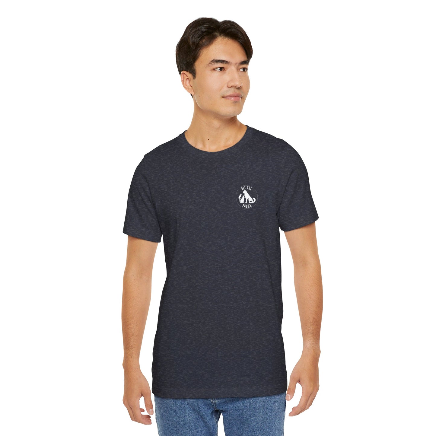 CATS, PERIOD. unisex cat tee front view highlighting minimalist chest logo on soft heather navy cotton on male model