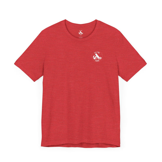CATS, PERIOD. unisex cat tee front view highlighting minimalist chest logo on soft heather red cotton