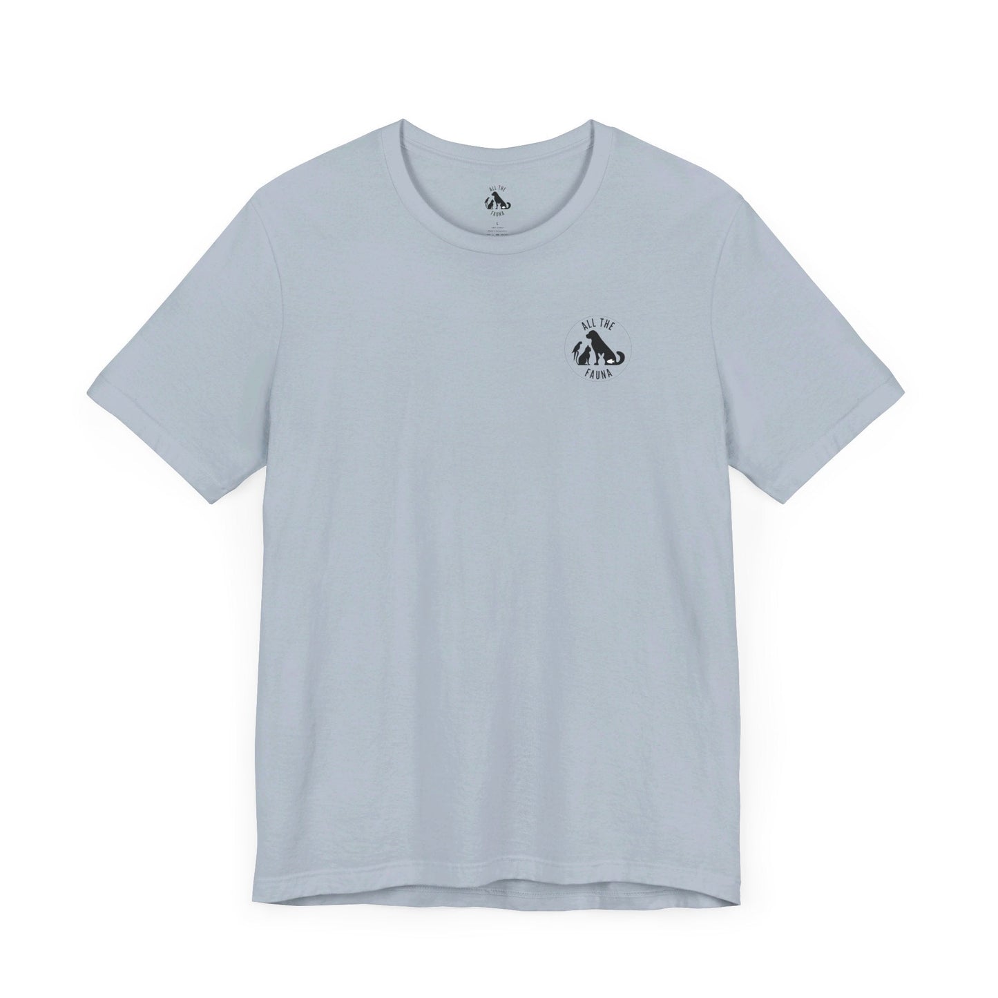 CATS, PERIOD. unisex cat tee front view highlighting minimalist chest logo on soft light blue cotton