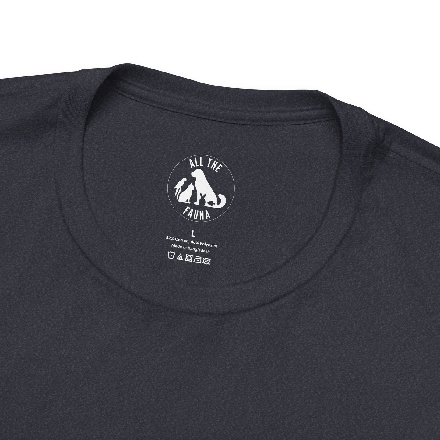 CATS, PERIOD. unisex cat tee close up of inner neck label on soft heather navy cotton