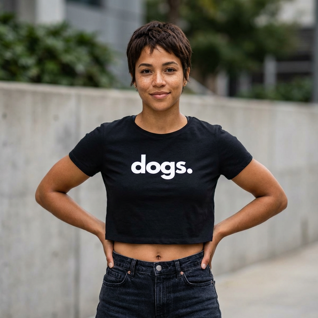 Woman wearing dogs crop top — dog mom gift supporting no-kill rescues