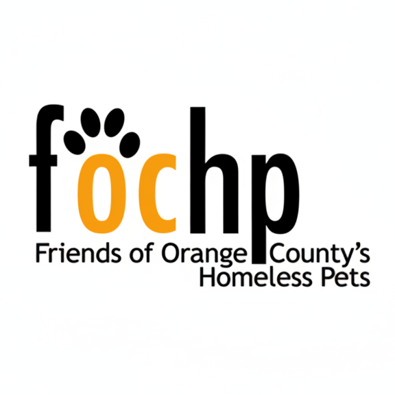 The logo for 'Friends of Orange County's Homeless Pets' (focHP) is displayed on a solid white background. The logo features the letters 'f', 'o', 'c', 'h', 'p' in black and orange, with a black paw print graphic integrated into the 'o'.
