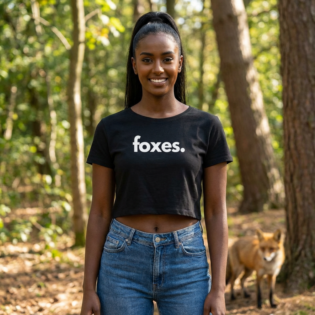 Woman wearing foxes crop top — fox lover gift supporting animal rescues