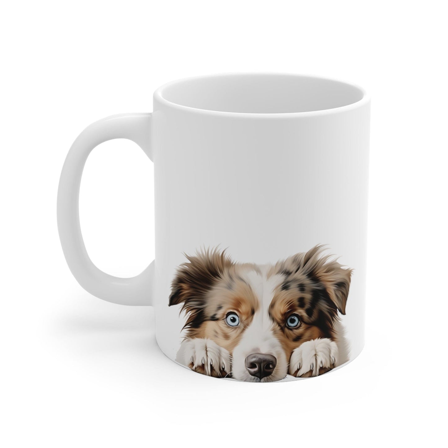 Printify Mugs Peeking Australian Shepherd Puppy White Ceramic Dog Mug 11 oz