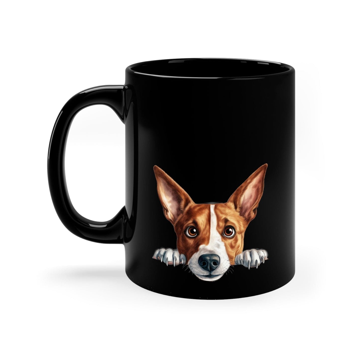 Printify Mugs Peeking Basenji Puppy Black Ceramic Dog Mug 11 oz