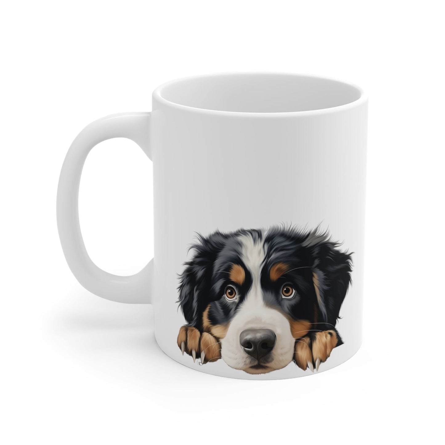 Printify Mugs Peeking Bernese Mountain Puppy White Ceramic Dog Mug 11 oz