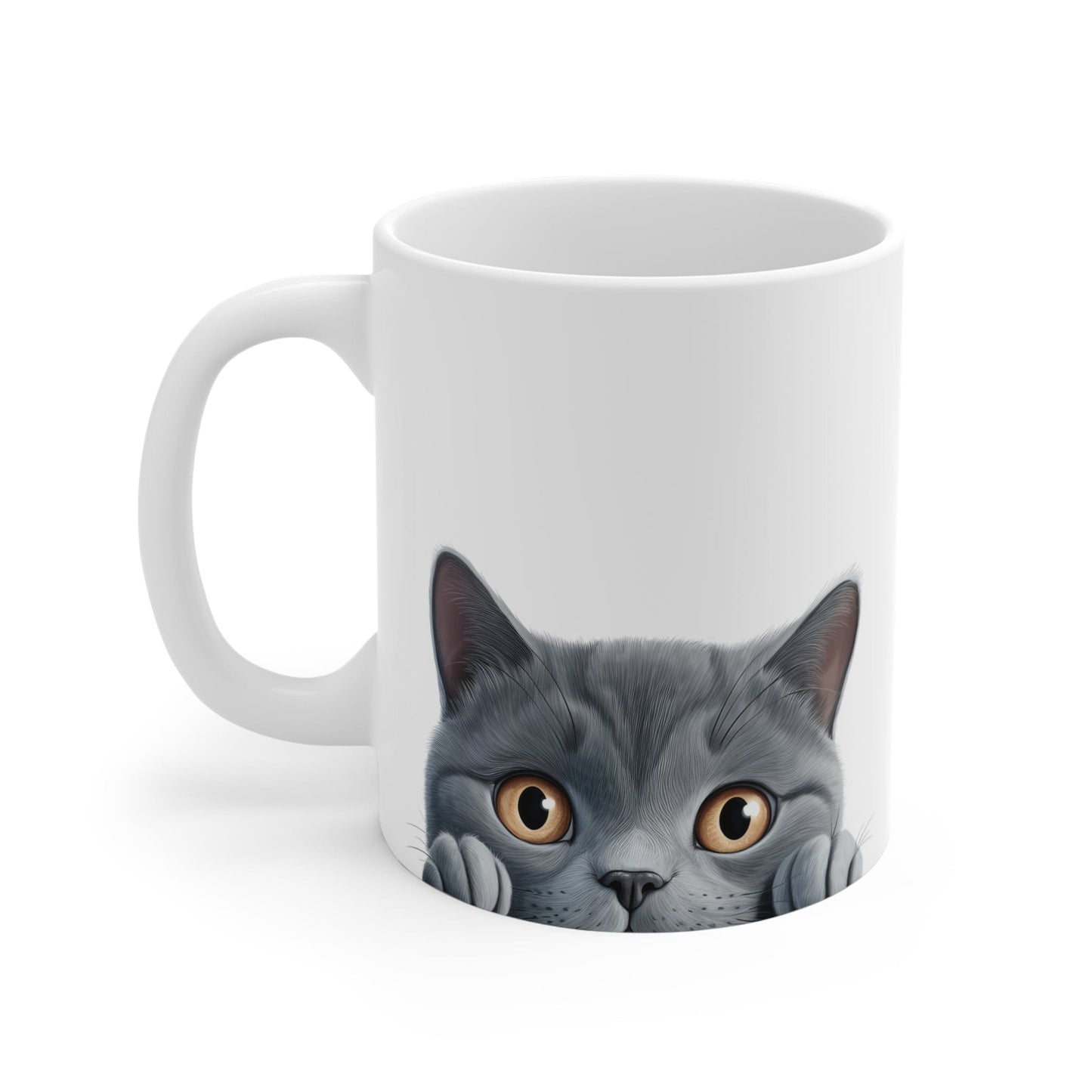 Printify Mugs Peeking Chartreux White Ceramic Cat Coffee Mug 11 oz