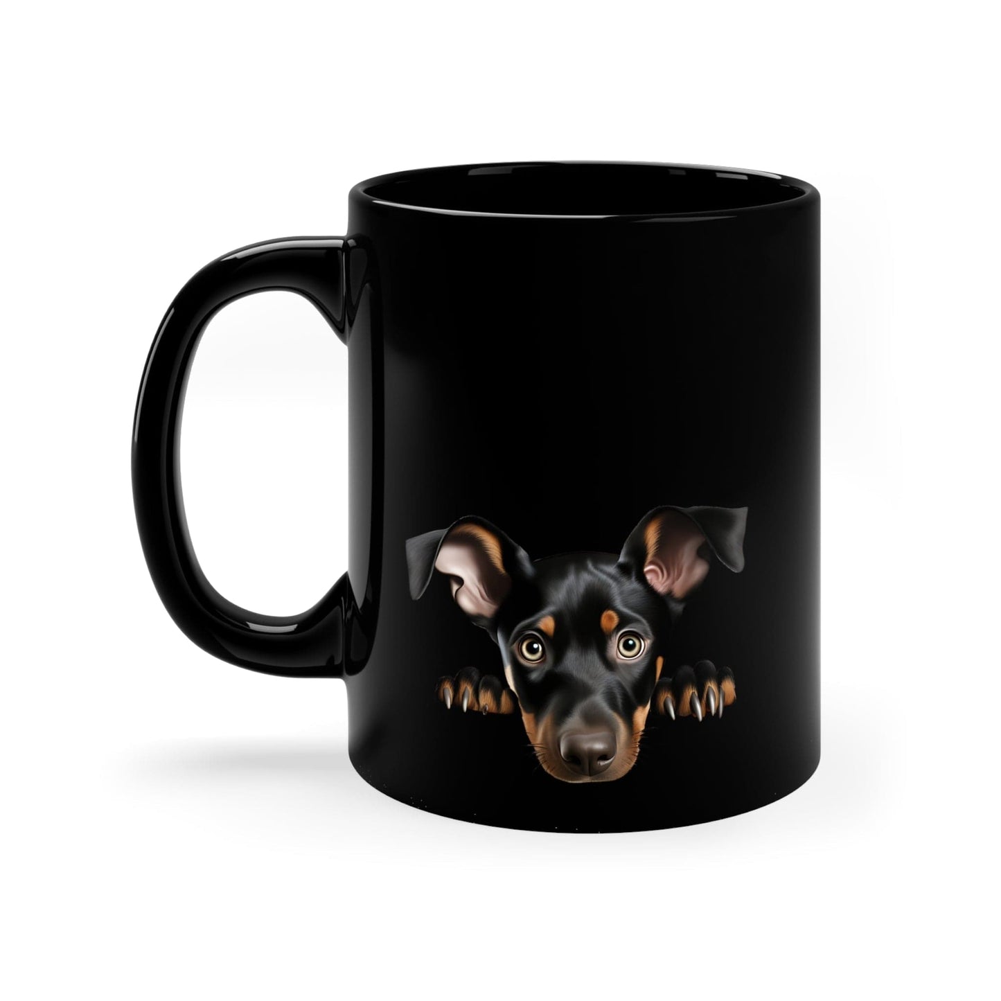 Printify Mugs Peeking Doberman Pinscher Puppy Black Ceramic Dog Mug 11 oz