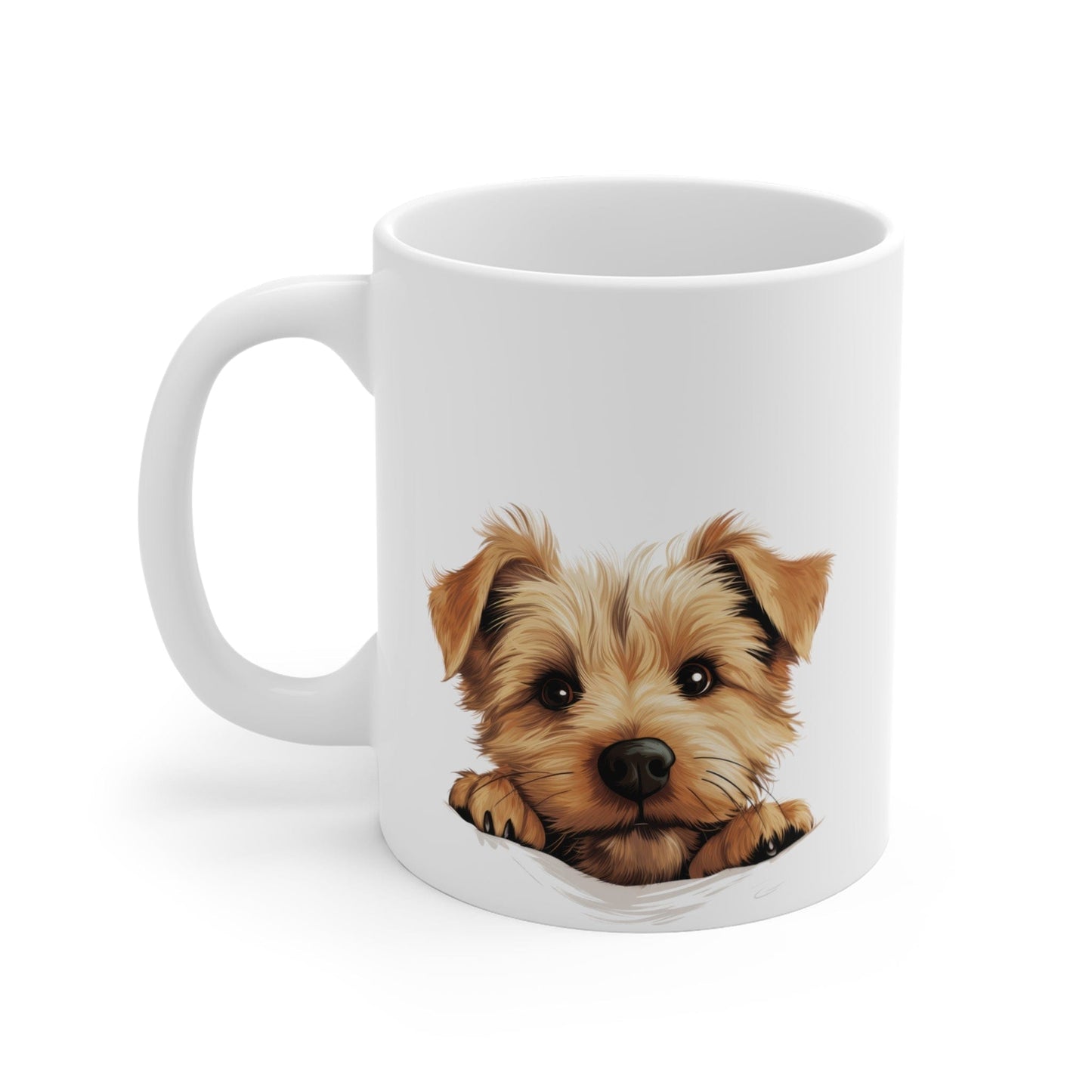 Printify Mugs Peeking Norfolk Terrier Puppy White Ceramic Dog Mug 11 oz