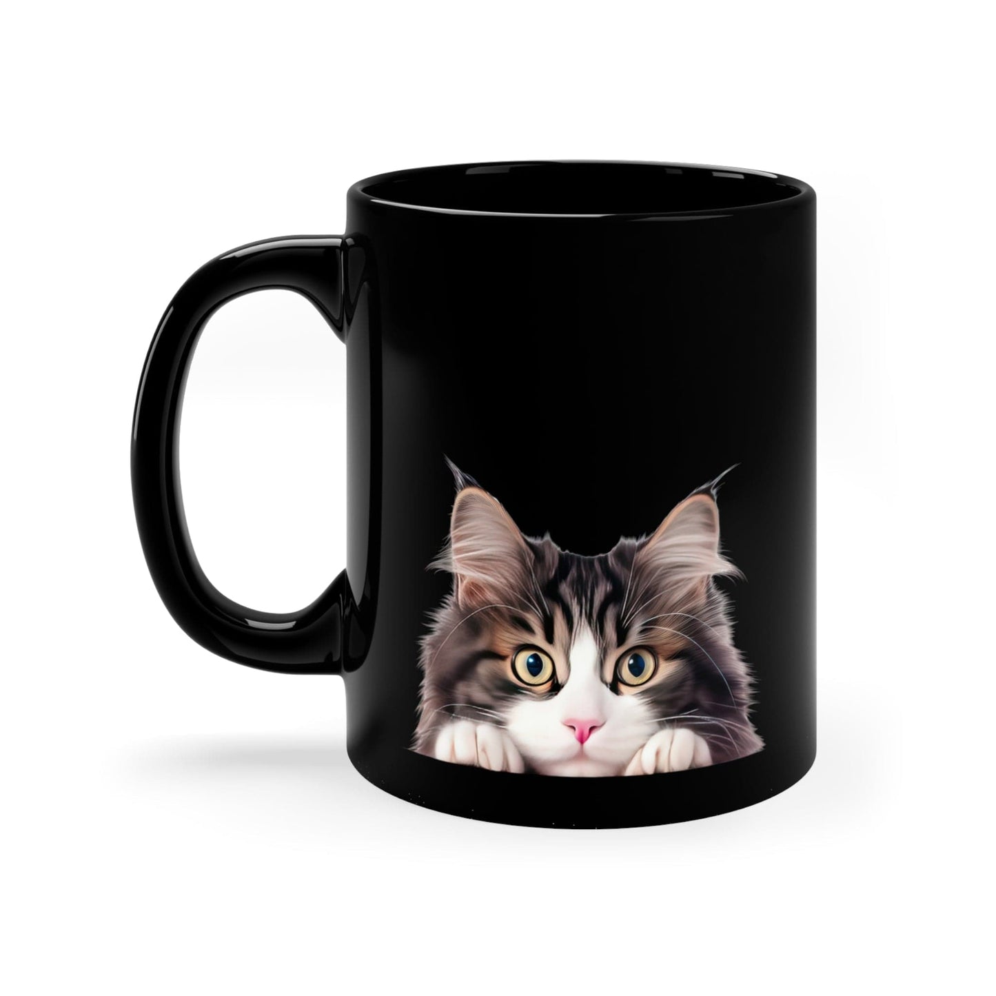 Printify Mugs Peeking Norwegian Forest Cat Black Ceramic Cat Coffee Mug 11 oz