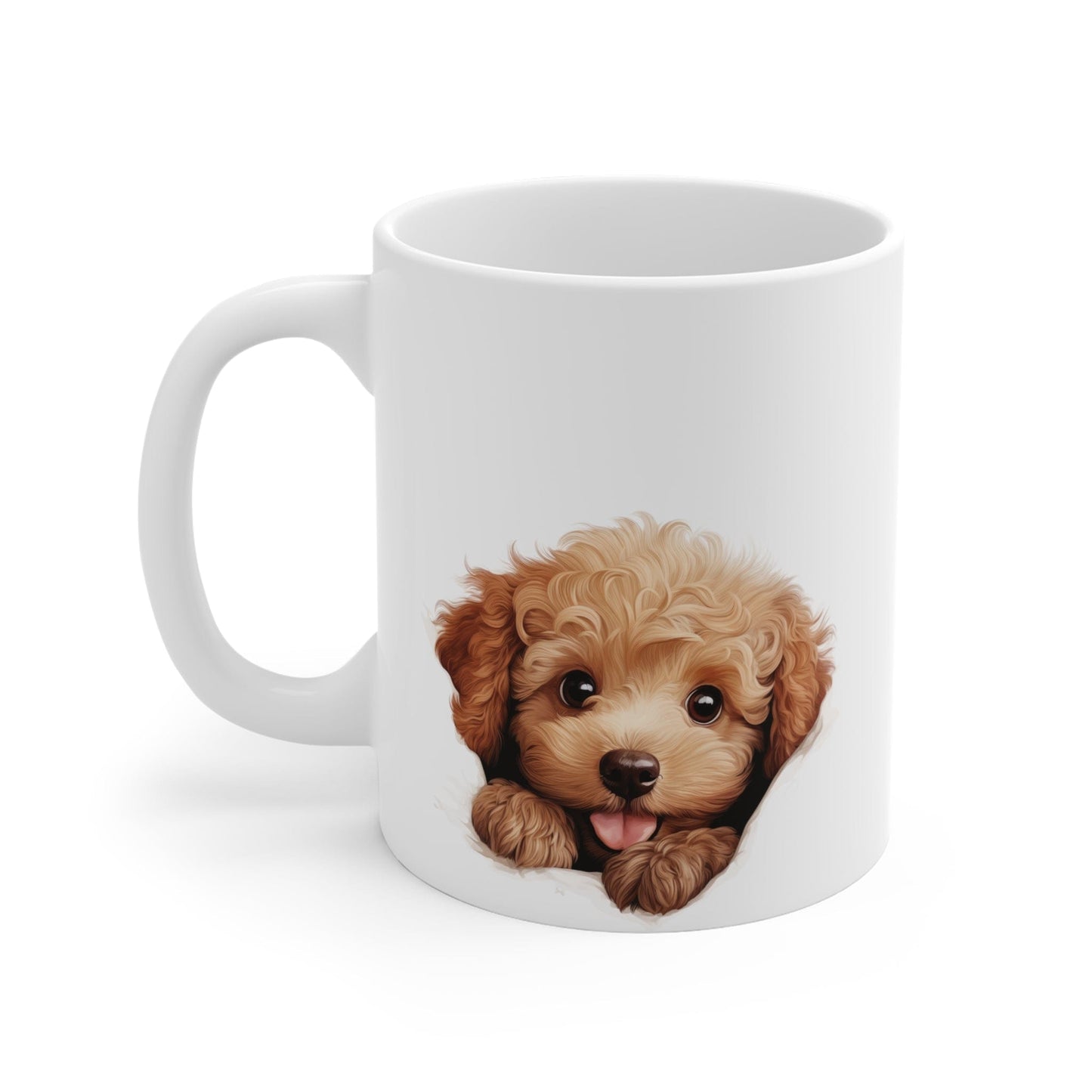Printify Mugs Peeking Poodle Puppy White Ceramic Dog Mug 11 oz