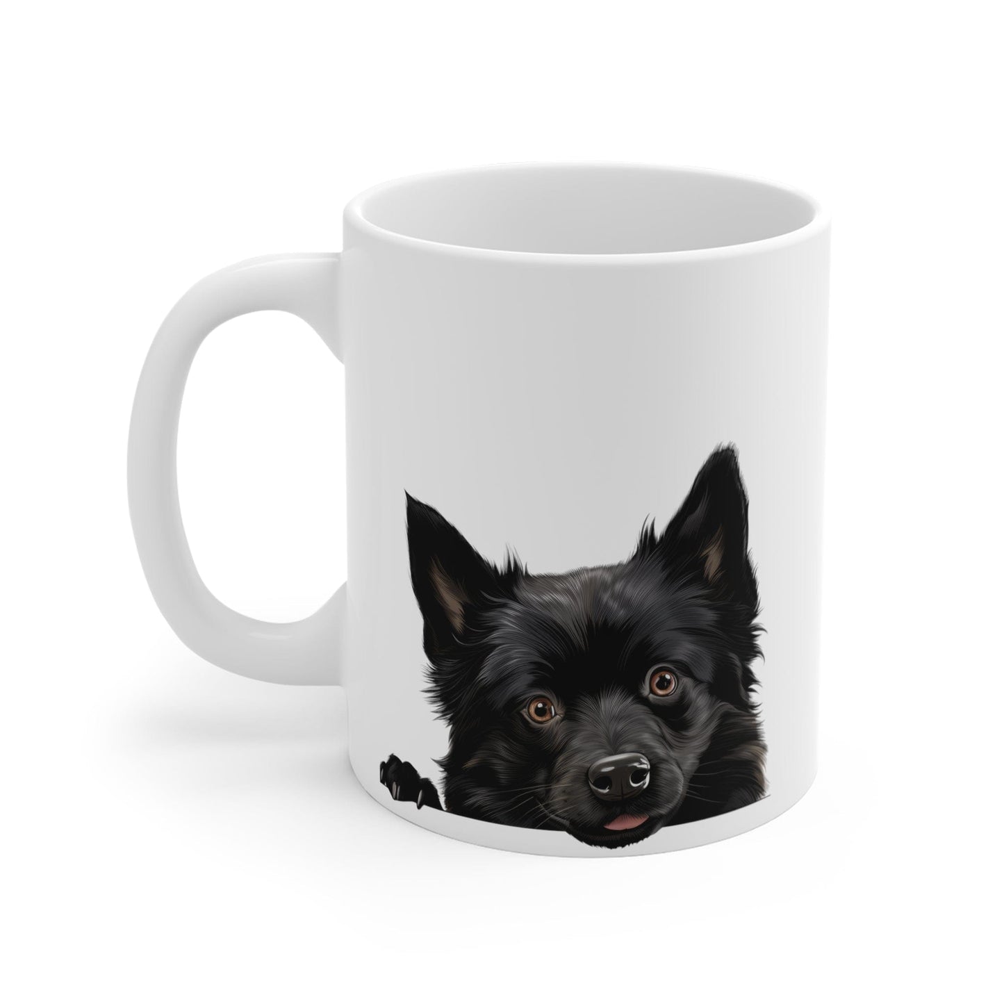 Printify Mugs Peeking Schipperke Puppy White Ceramic Dog Mug 11 oz