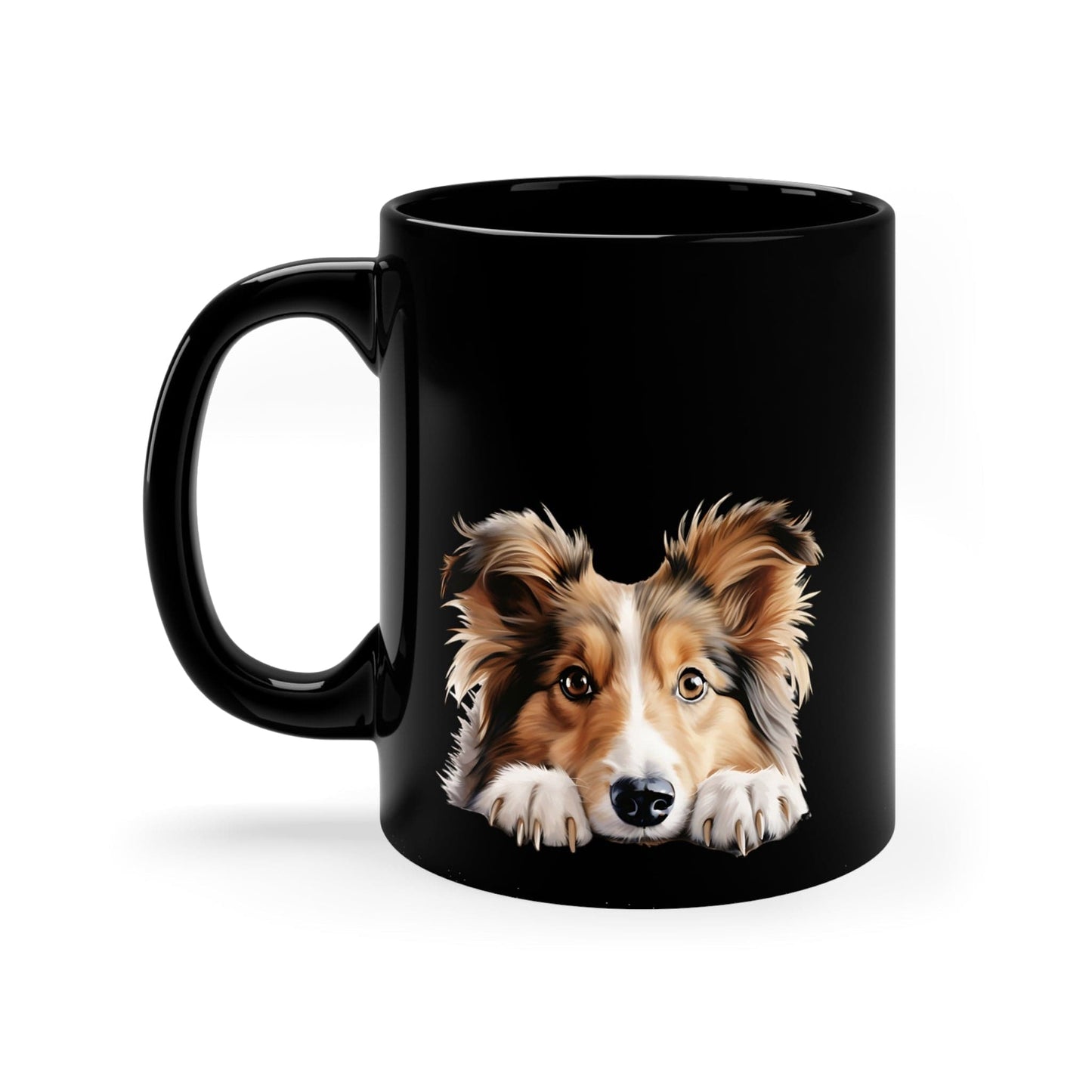 Printify Mugs Peeking Shetland Sheepdog Puppy Black Ceramic Dog Mug 11 oz
