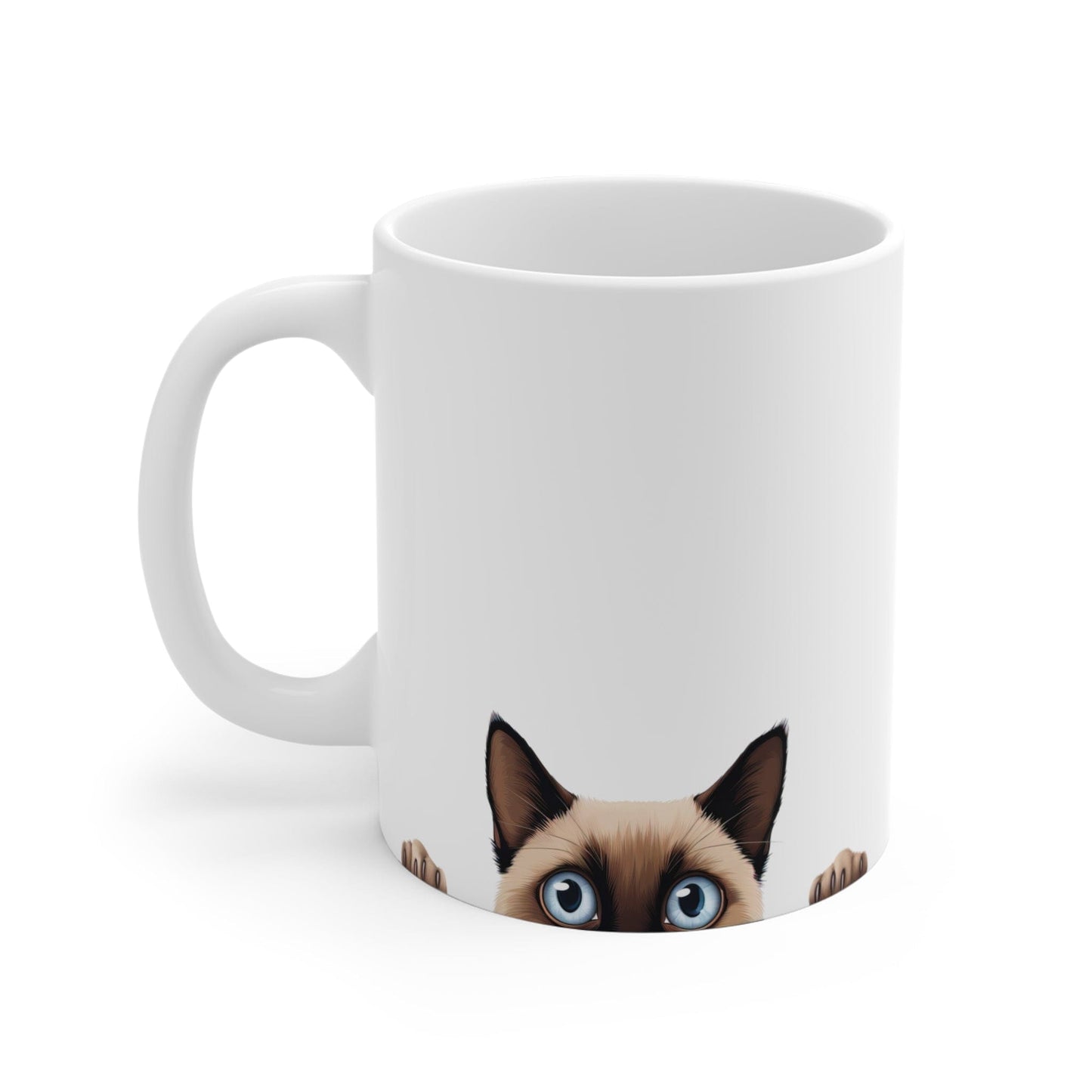 Printify Mugs Peeking Siamese White Ceramic Cat Coffee Mug 11 oz
