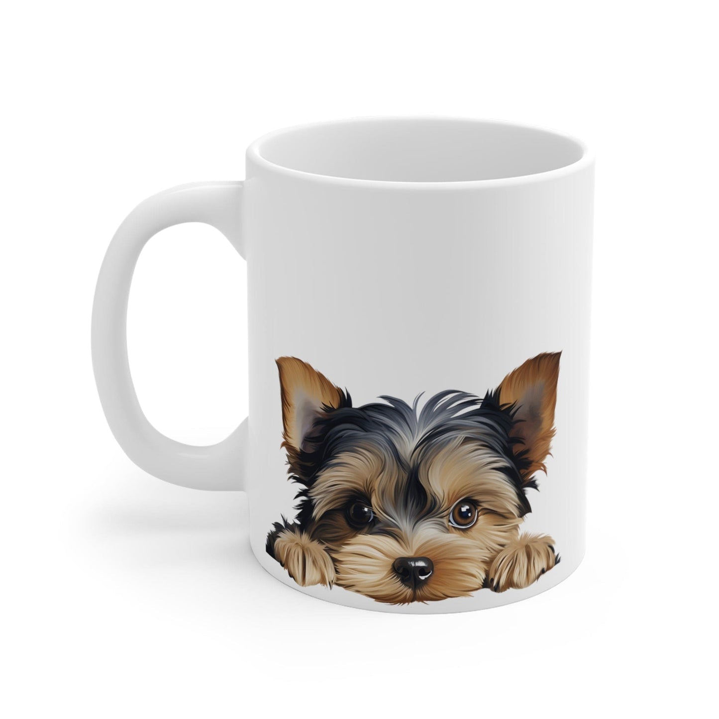 Printify Mugs Peeking Yorkshire Terrier Puppy White Ceramic Dog Mug 11 oz