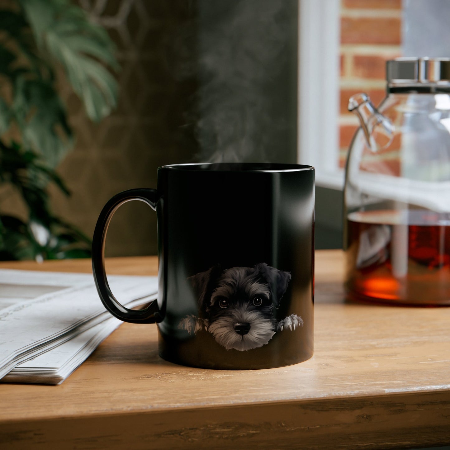 Peeking Dog Black Ceramic Mug 11 oz Miniature Schnauzer