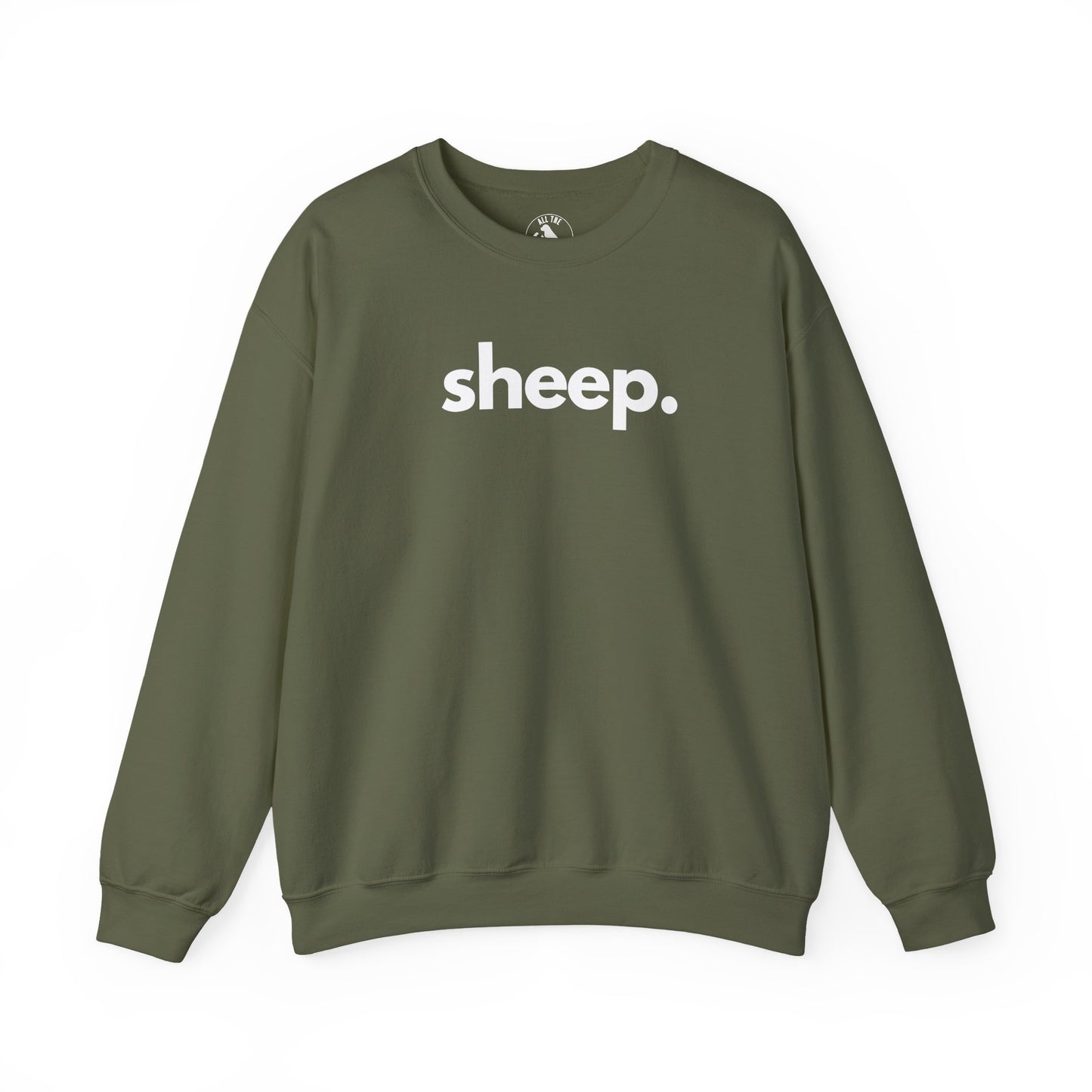 Sheep unisex crewneck sweatshirt in military green - farm animal advocate apparel by Animals, Period. Warm 50/50 cotton-poly brushed fleece, relaxed fit. Sheep recognize up to 50 individual faces and remember them for years. They form strong bonds and show signs of depression when isolated. Every purchase funds no-kill rescues.