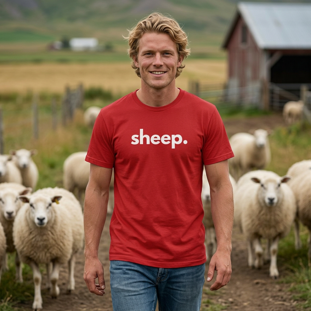 Man wearing sheep unisex tee - farm animal advocate gift supporting no-kill rescues by Animals, Period. Sheep are far more cognitively complex than their reputation suggests - recognizing up to 50 faces for years. Soft 100% Airlume cotton, classic crew neck. Every purchase gives back.